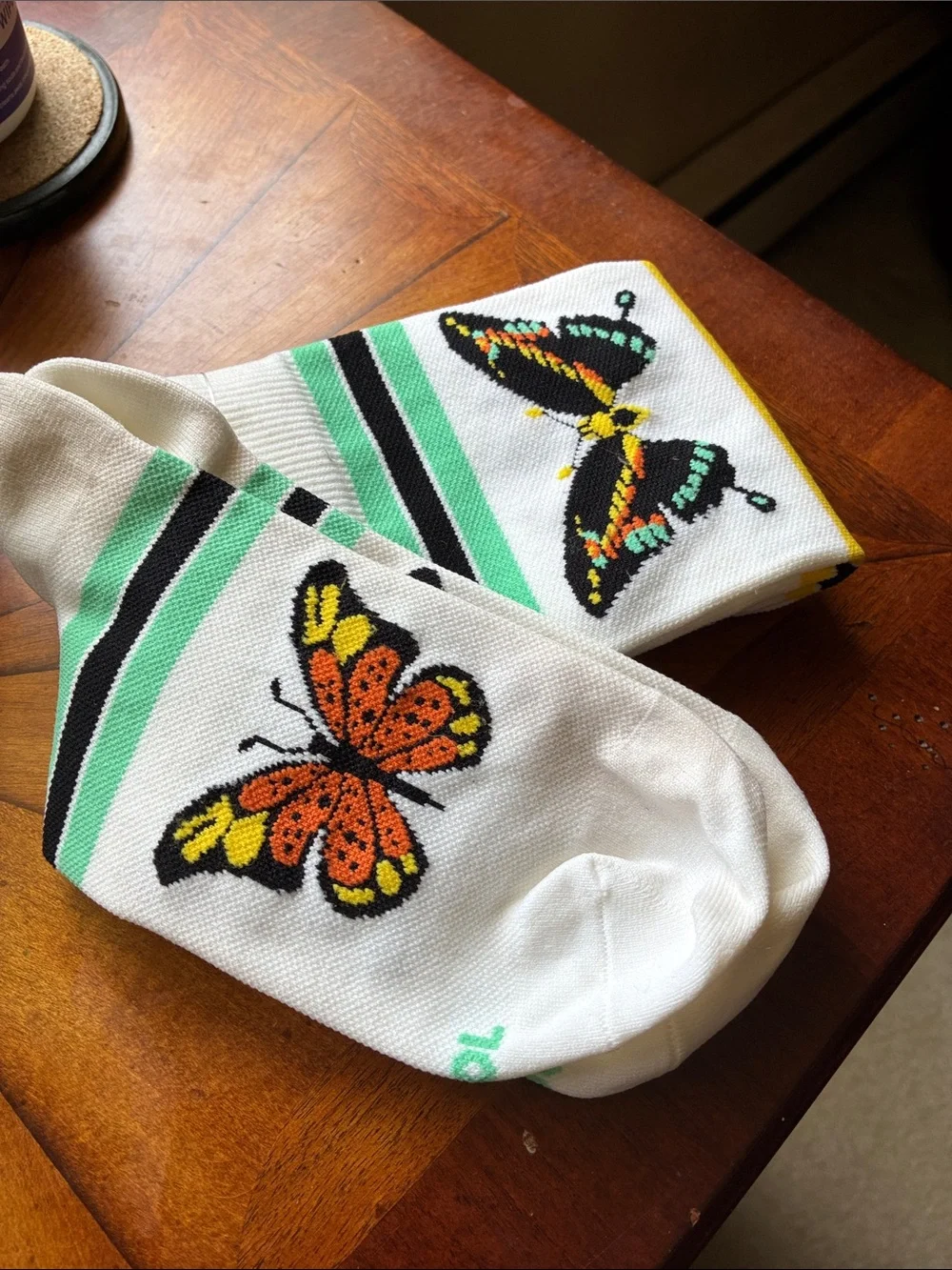 White Crew NWOT Socks with Orange & Yellow Butterfly Accent and Mint Stripes